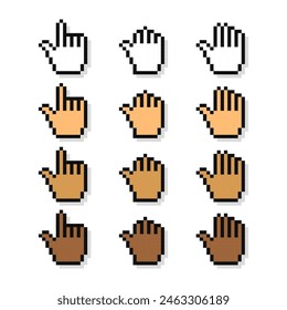 Set of pixel cursor hand pointers, 8-bit computer mouse, video game style.