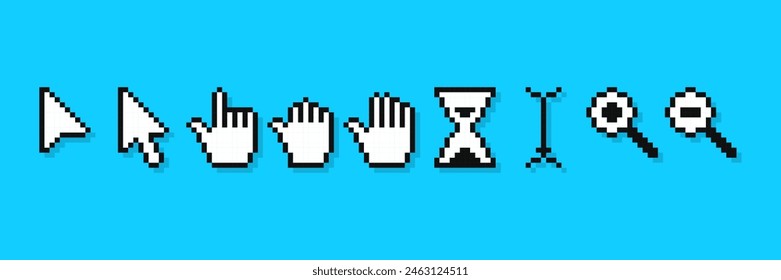 Set of pixel cursor pointers, 8-bit computer mouse. Arrows, hand click pointers, magnifier and hourglass.
