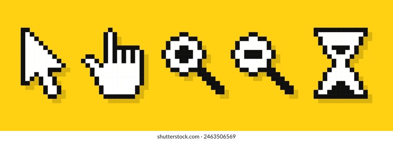 Set of pixel cursor pointers, 8-bit computer mouse. Arrows, hand click pointers, magnifier and hourglass.