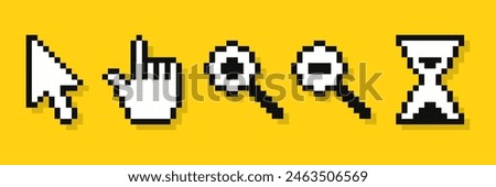 Set of pixel cursor pointers, 8-bit computer mouse. Arrows, hand click pointers, magnifier and hourglass.