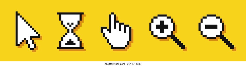 Set of pixel cursors. Cursor pointers. Arrow, hourglass, hand and magnifier. Computer mouse. 8-bit. Video game style. Vector illustration