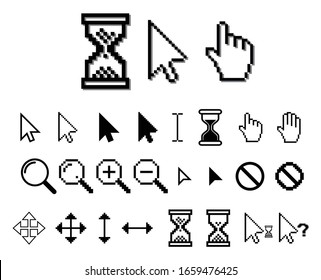 Set Of Pixel Cursors Or Pixel Hourglass Or Pixel Mouse Cursor Concept. Eps 10 Vector