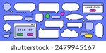 Set of pixel dialogue boxes different shapes on blue background. Chat speech bubbles, flash message frames with text or empty dialog communication box in 8bit retro style. Pixelated arrow, heart icons