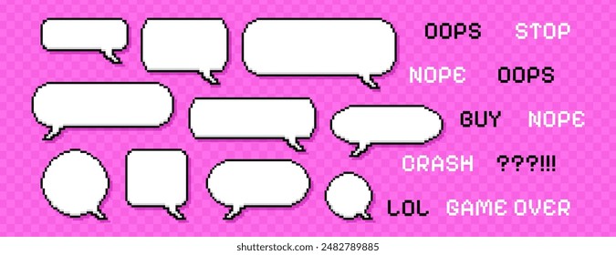 Set of pixel dialogue boxes different shapes on pink background. Chat speech bubbles, empty communication box or message frames with text. Pixelated dialog cloud icons collection in 8bit retro style.