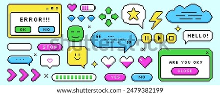 Set of pixel dialogue boxes different shapes. Color chat speech bubbles, buttons, message frames, battery charge level and error in 8bit retro style. Pixelated arrow, love hearts and game asset icons.