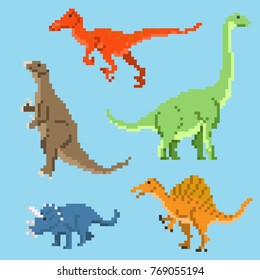 Set of pixel dinosaurs isolated on a blue background