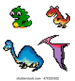 Set of pixel dinosaurs. Vector colorful dinosaurs.  Set of vector dinosaurs. Colorful pixel set.