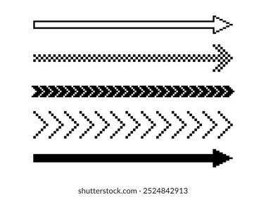 A set of pixel direction arrows. Sign collection. Straight long arrows in pixel art style. Vector black elements. Simple geometric shape. 8 bit pointers. Game abstract elements. Editable perfect pixel