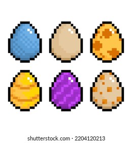 Set of pixel easter eggs, magic eggs from pixel games. 8 bit isolated vector