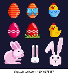 A set of pixel Easter elements. Dyed eggs of chickens and rabbits isolated on a dark blue background.