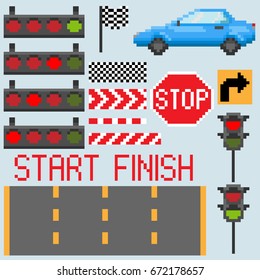 A set of pixel elements associated with cars and motor sports for games and mobile applications.