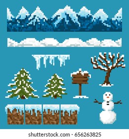 A set of pixel elements for creating a winter landscape in games and mobile applications.