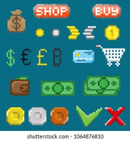 A set of pixel elements. Denominations, coins and symbols. For games and mobile applications.