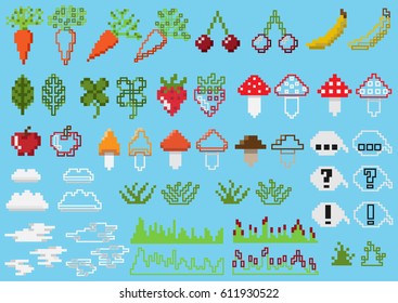 Set of pixel elements for games and mobile applications