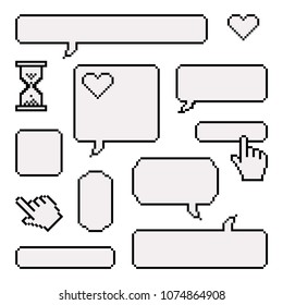 Set of pixel elements for notation. Pixel speech bubble and mosaic dialog boxes text message set