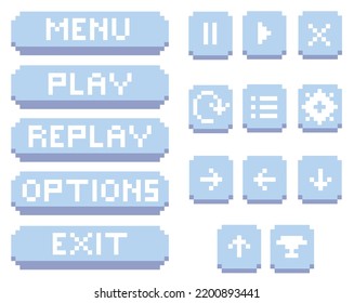 Set of pixel elements for retro games.Pixel game menu