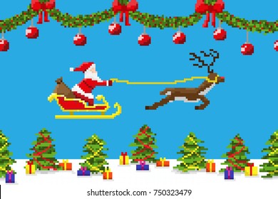 A set of pixel elements. Seamless garland and seamless background with decorated Christmas trees. Stitch horizontally. Pixel santa claus on a sleigh with a deer.