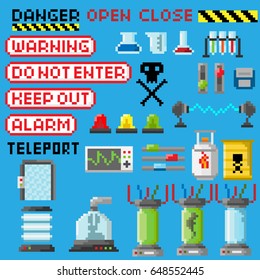 A set of pixel elements for a secret laboratory for games and mobile applications