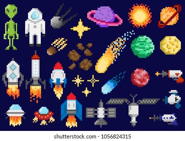 A set of pixel elements. Space ships, planets, satellites and other space objects. For games and mobile applications.