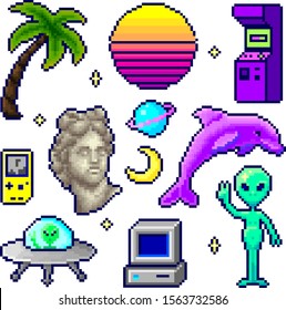 set of pixel elements in vaporwave style