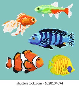 Set of pixel exotic fish isolated on a blue background. For games and mobile applications.