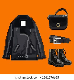 Set of pixel fashion clothes in vector: leather jacket, handbag (clutch), fashion boots, belt