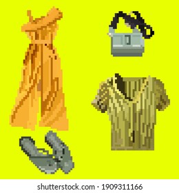 Set von Pixelmode-Kleidung in Vektorgrafik: grüner kurzer Cardigan, orangefarbener leichter Springanzug, Handtasche, Flip-Flops