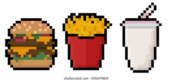 Set of pixel fast food items - hamburger, french fries, and a milkshake