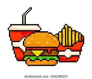 Conjunto de elementos de comida rápida de píxeles: hamburguesa, patatas fritas y una bebida. Ilustración vectorial de 8 bits, imagen aislada de píxeles de comida rápida. 