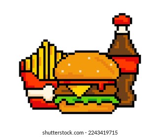 Set of pixel fast food items: hamburger, french fries, and a drink. Vector illustration 8-bit, isolated fast food pixel art. 