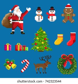 A set of pixel festive elements and characters associated with the Christmas and New Year.