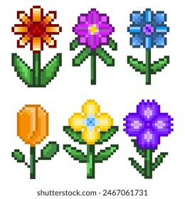 Set of pixel flowers. Flower, collection of colored flowers. 8-bit sprite. Isolated vector illustration.