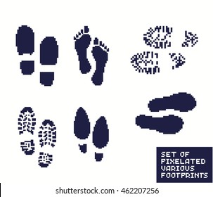 Set of pixel footprints, shoes and boot, pixelated illustration. - Stock vector