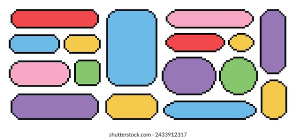 Set of pixel frames in 8 bit style. Dialogue acnes, speech messages, templates, forms. Vector illustration.