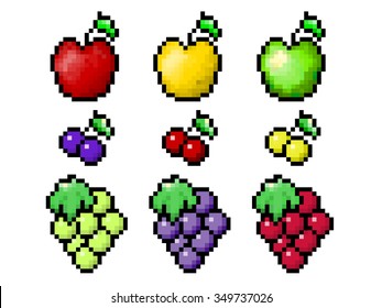 Set of pixel fruit icons. Apple, grapes, cherry. Vector illustration.