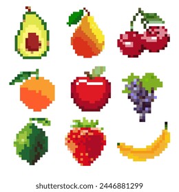 a set of pixel fruit icons for computer games , embroidery
