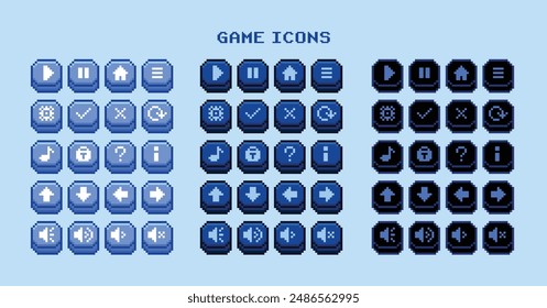 Set of pixel game buttons icons -  Blue theme