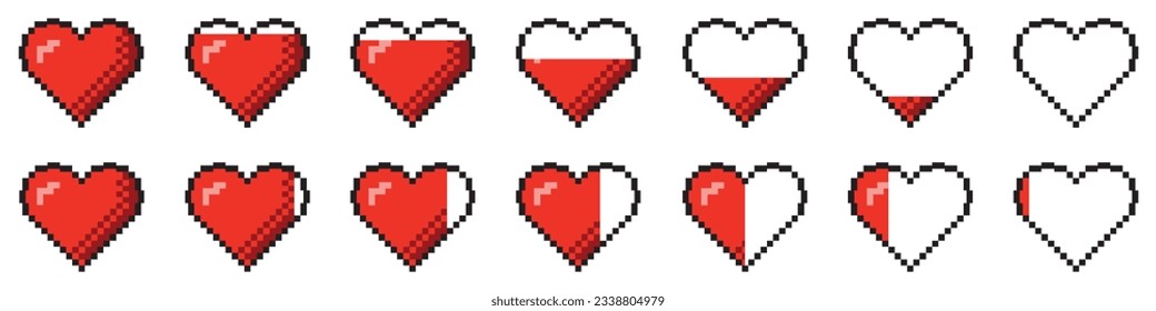 Set of pixel game life bar. Pixel heart icon, pixel hearts for game. Red hearts of life, game life symbol. Indicators of health, game progress bars.