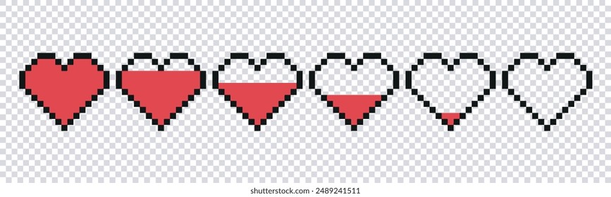 Set of pixel game life bar. Vector art 8 bit health heart bar. Heart gamer health sign. Pixel icon, vector illustration isolated on checkered background. 