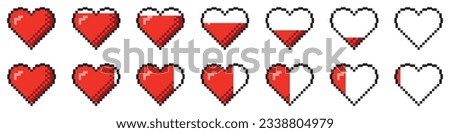 Set of pixel game life bar. Pixel heart icon, pixel hearts for game. Red hearts of life, game life symbol. Indicators of health, game progress bars.