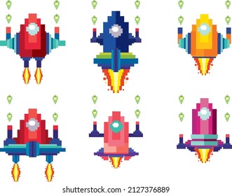 Set of pixel game spaceships isolated illustration