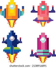 Set of pixel game spaceships isolated illustration