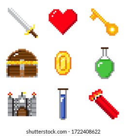  Set of pixel games on white background with castle, sword and object.