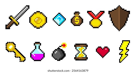 Set of pixel gaming icons. Game in 8-bit style. Pixel elements apple, coin, crystal, sword, shield, potion, heart, joystick, chest, key. Items for retro video games. Vector	