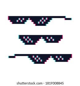 Set, pixel glasses, glitch effect, isolated on white background. Concept mincraft, thug life. Vector illustration.