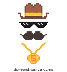 Set of pixel glasses, gold chain, hat and mustache. Isolated on a white background. Vector illustration.