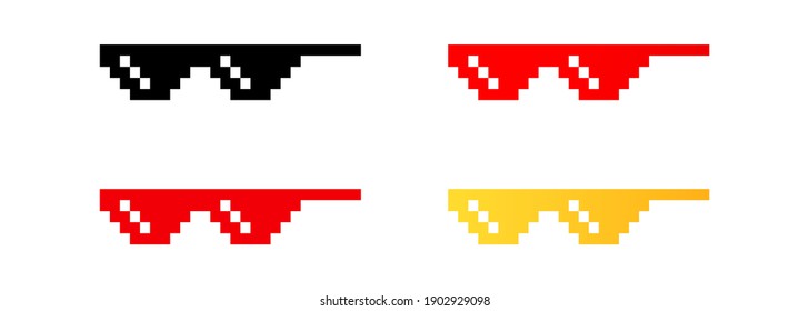 Set of pixel glasses icons. Pixel glasses in bit style. Meme symbol. Vector EPS 10. Isolated on white background