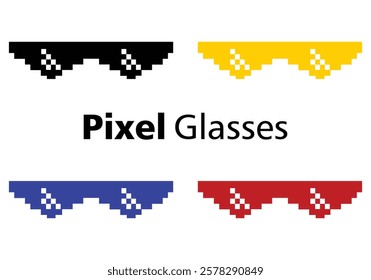 Set of pixel glasses icons. Pixel colors sunglasses. Isolated meme template. 