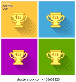Set of pixel golden cup, flat pixelized illustration - stock image
