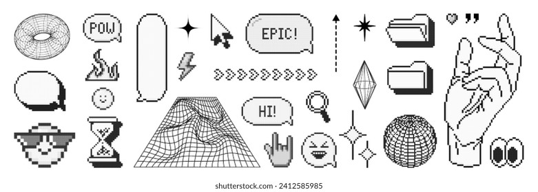 Set of pixel graphic shape and wireframe models. Halftone y2k design elements. Trendy vector illustration. 
